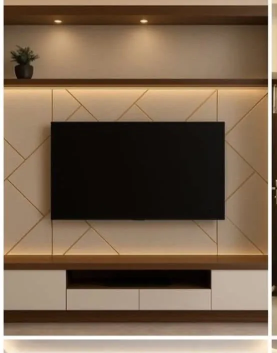 Panel de TV empotrado con iluminación perimetral y estantería superior